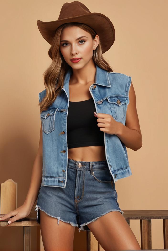 washed denim sleeveless vest with distressed ripped lapel women s denim jacket collection 138040