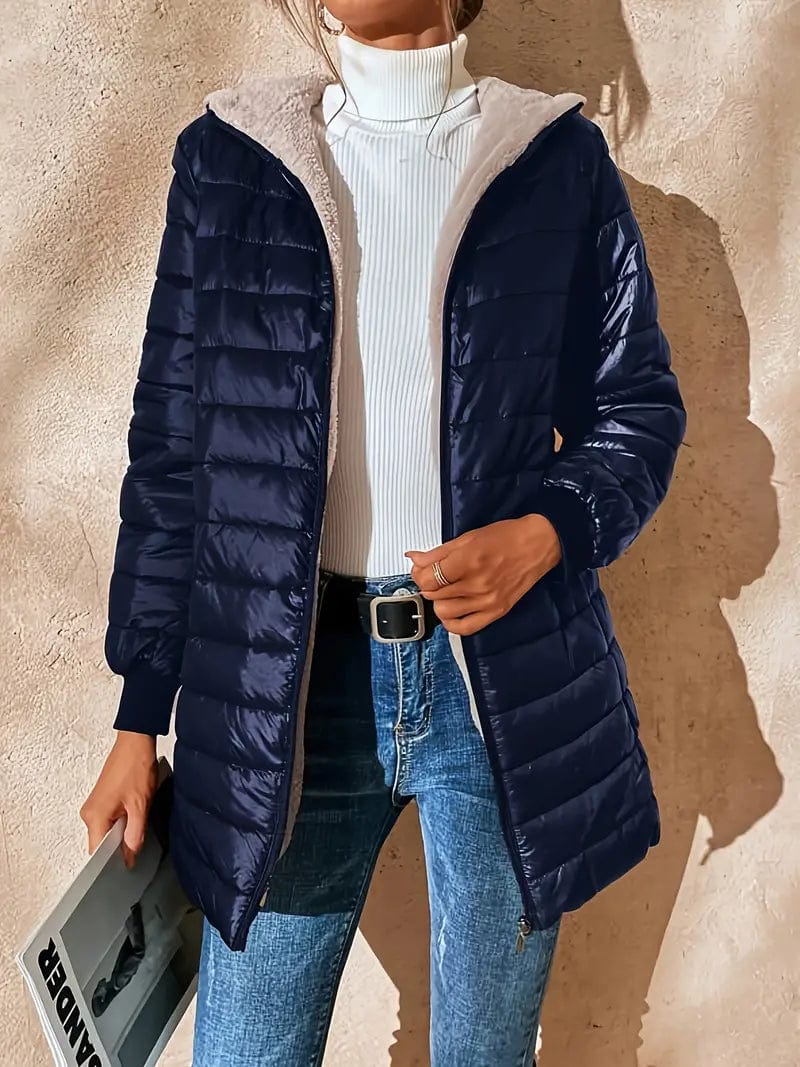 Solid Hooded Zip Up Coat for Women, Long Sleeve Winter Warm Outerwear