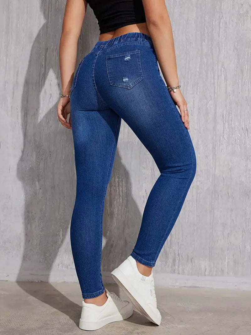 Slim Fit Drawstring Denim Jeans with Elastic Waist for Women