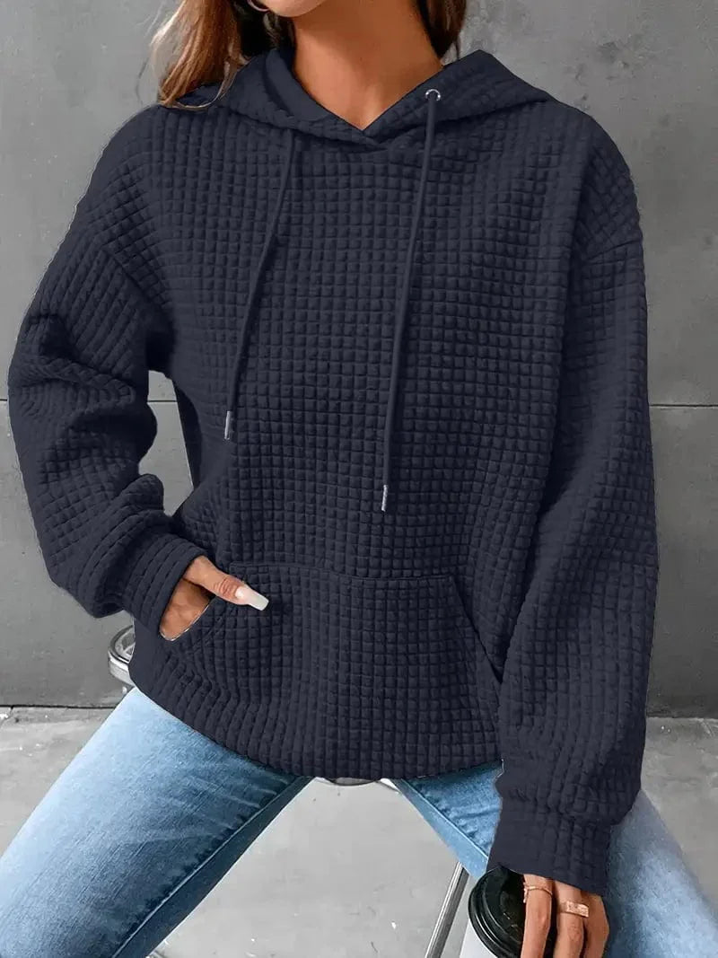 Waffle Grid Kangaroo Pocket Hoodie, Long Sleeve Drawstring Hoodies for Women