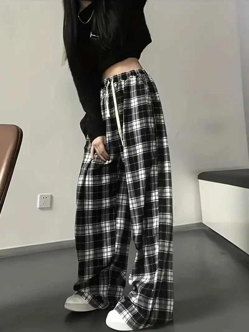 Plaid Drawstring Trousers with Straight Legs: Relaxed Fit Bottoms Ideal for Spring & Autumn, Women's Fashion