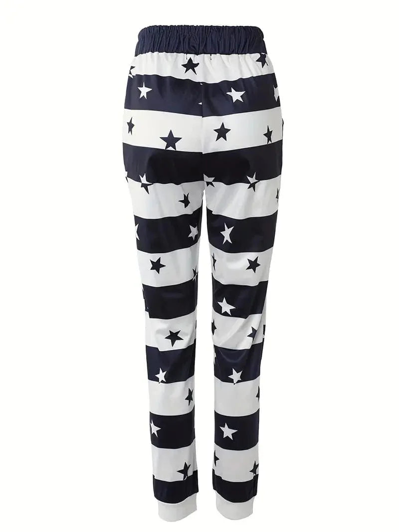 Striped & Star Printed Drawstring Trousers for Spring & Summer, Women's Apparel