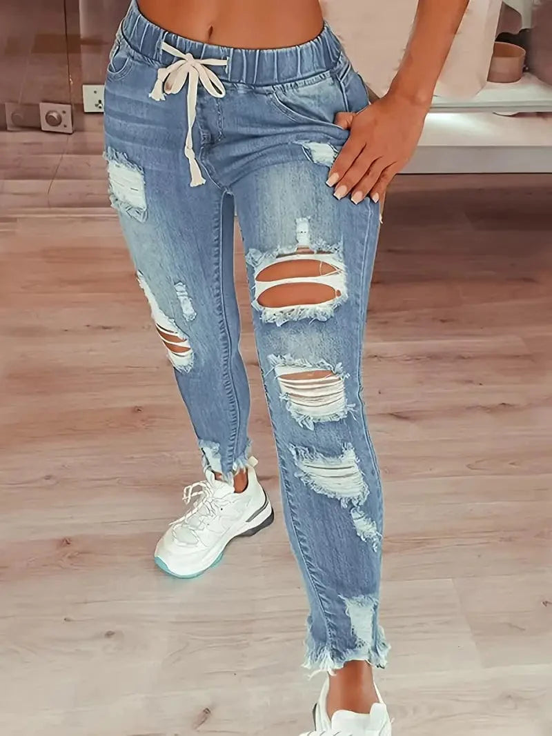 Slim Fit Elastic Waist Denim Pants with Ripped Holes and Frayed Hem