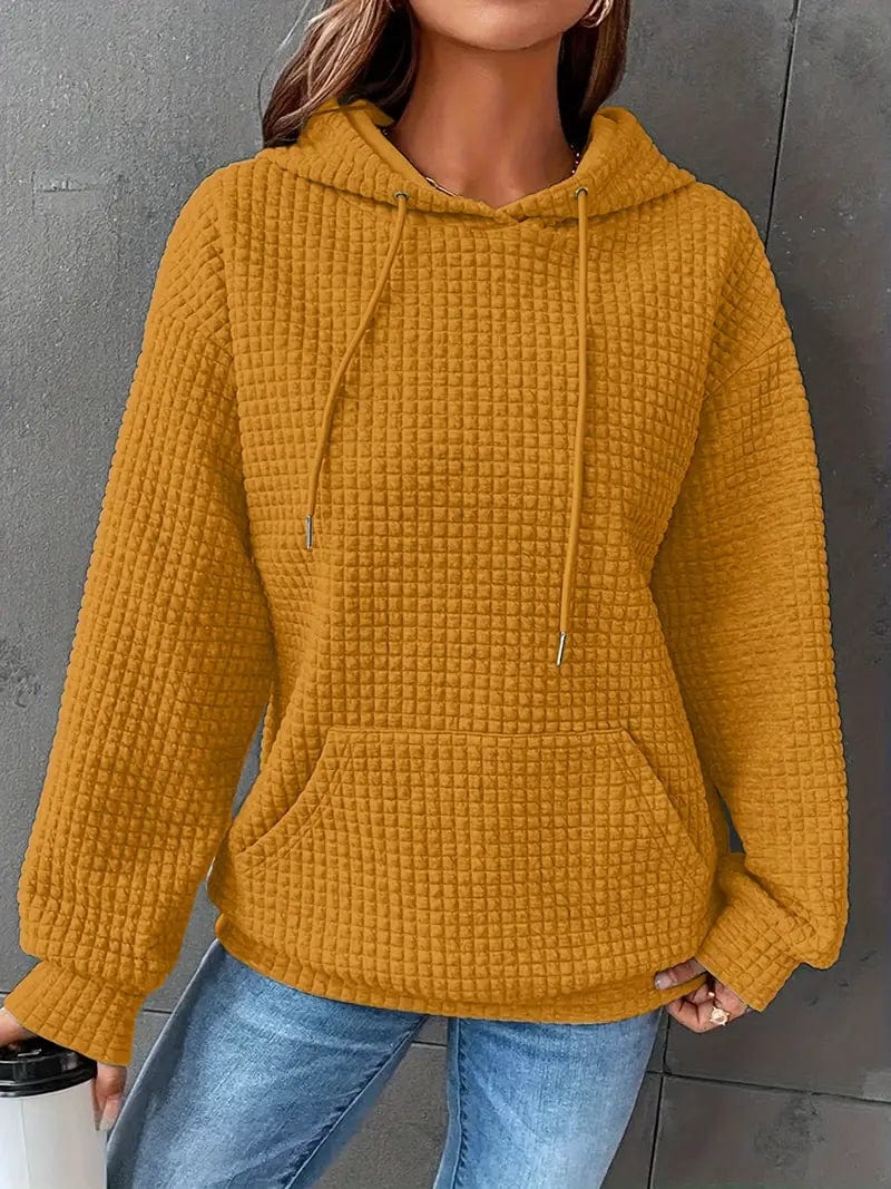 Waffle Grid Kangaroo Pocket Hoodie, Long Sleeve Drawstring Hoodies for Women