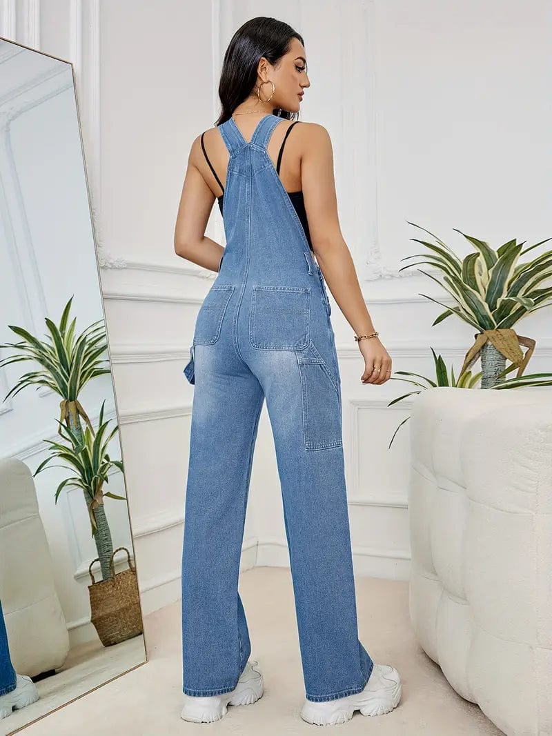 Relaxed Fit Denim Jumpsuit with Slant Pockets, Non-Elastic Washed Denim Overalls, Women's Denim Apparel