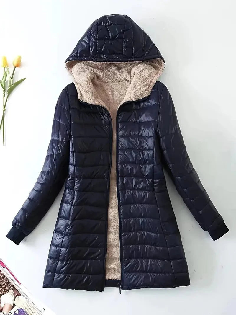Solid Hooded Zip Up Coat for Women, Long Sleeve Winter Warm Outerwear