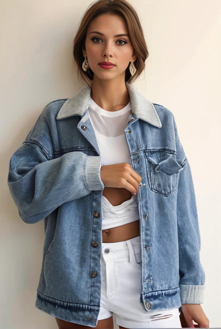 denim coat with flap pockets and lapel casual women s jacket in blue 149011