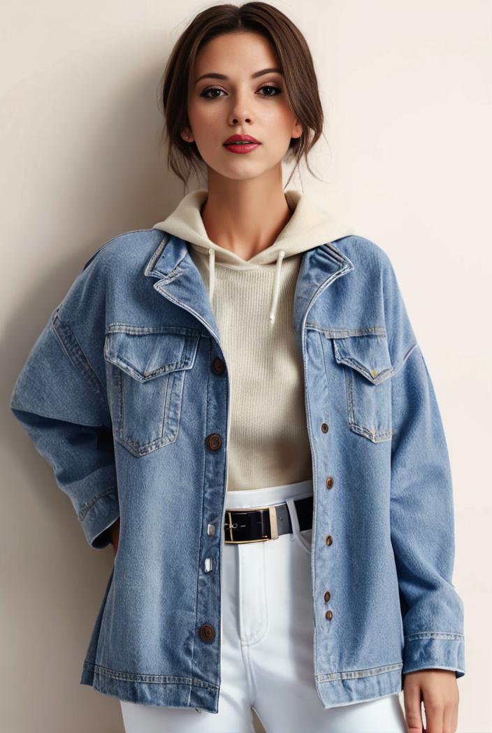 denim coat with flap pockets and lapel casual women s jacket in blue 149012