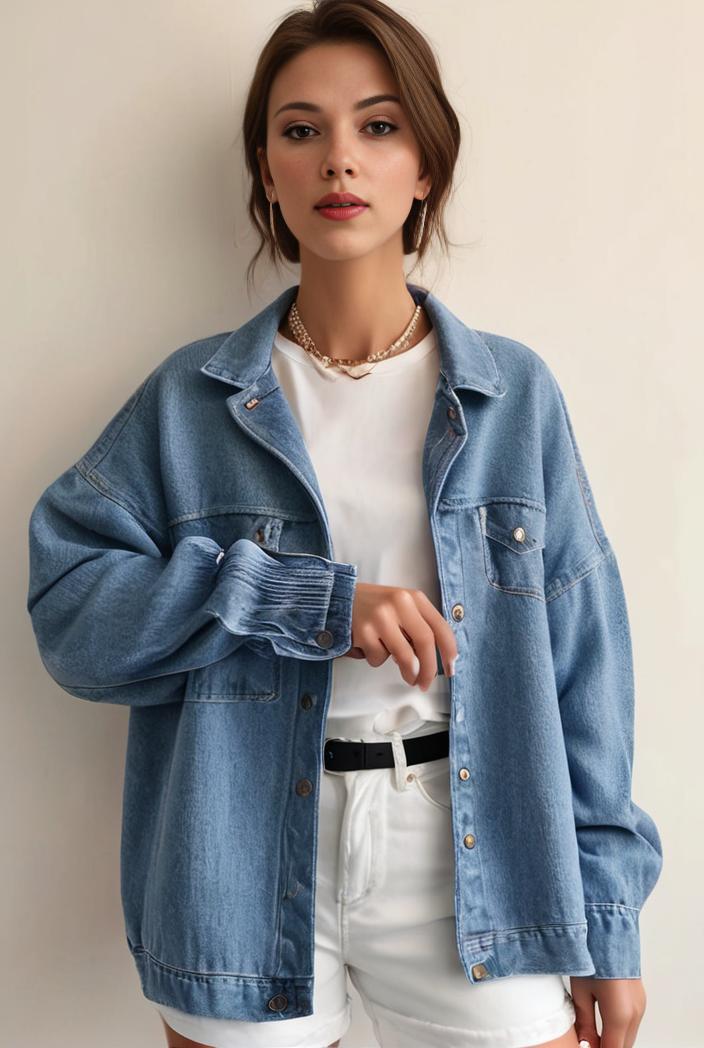 denim coat with flap pockets and lapel casual women s jacket in blue 149014
