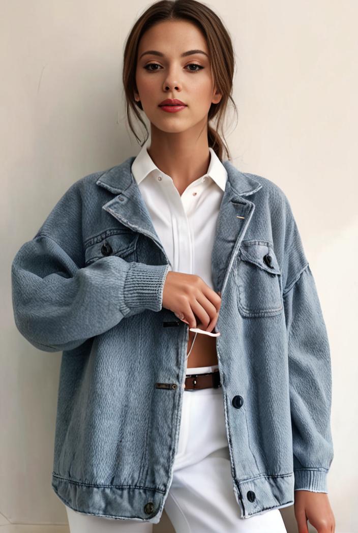 denim coat with flap pockets and lapel casual women s jacket in blue 149017