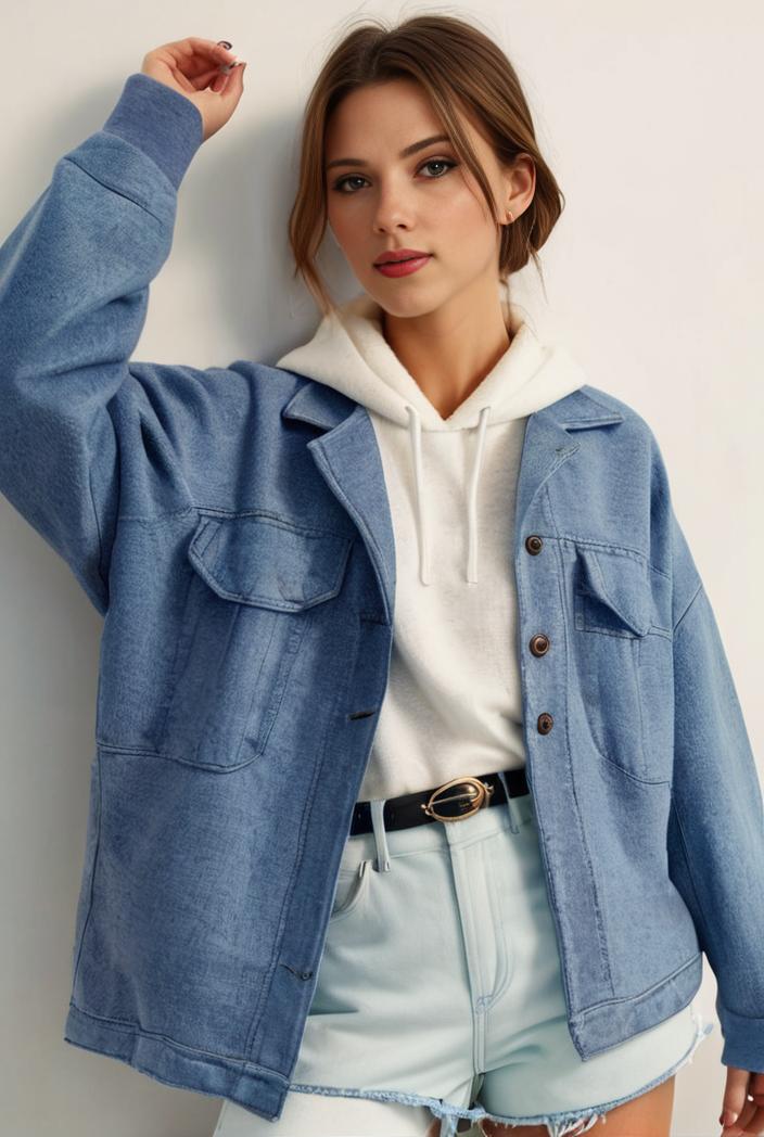 denim coat with flap pockets and lapel casual women s jacket in blue 149022