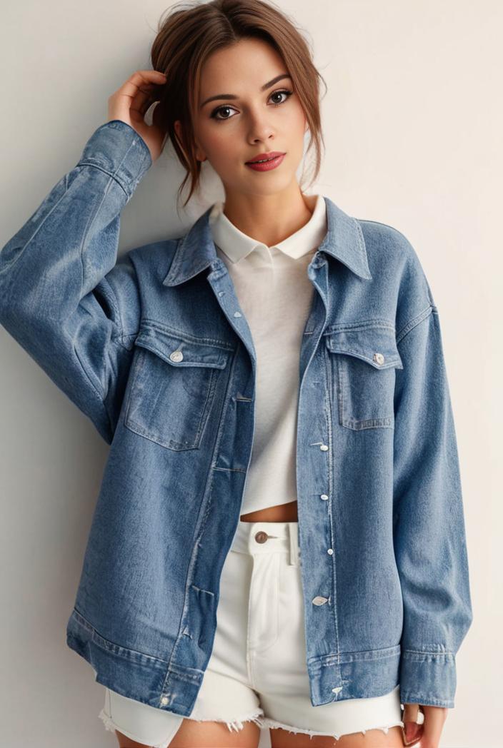 denim coat with flap pockets and lapel casual women s jacket in blue 149030