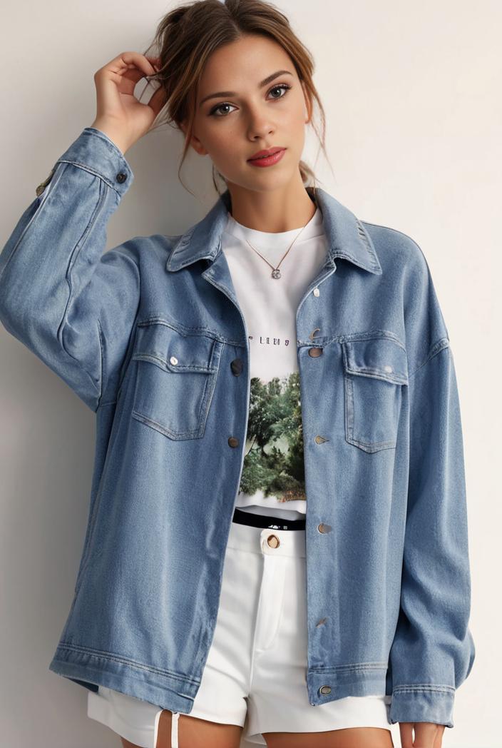 denim coat with flap pockets and lapel casual women s jacket in blue 149031