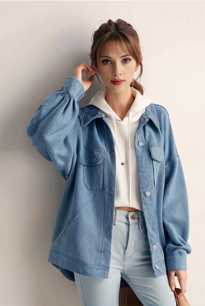 denim coat with flap pockets and lapel casual women s jacket in blue 149036