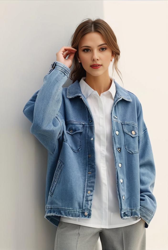 denim coat with flap pockets and lapel casual women s jacket in blue 149040