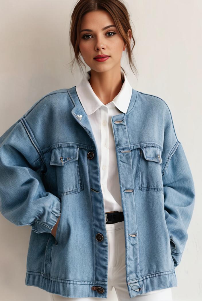 denim coat with flap pockets and lapel casual women s jacket in blue 149042