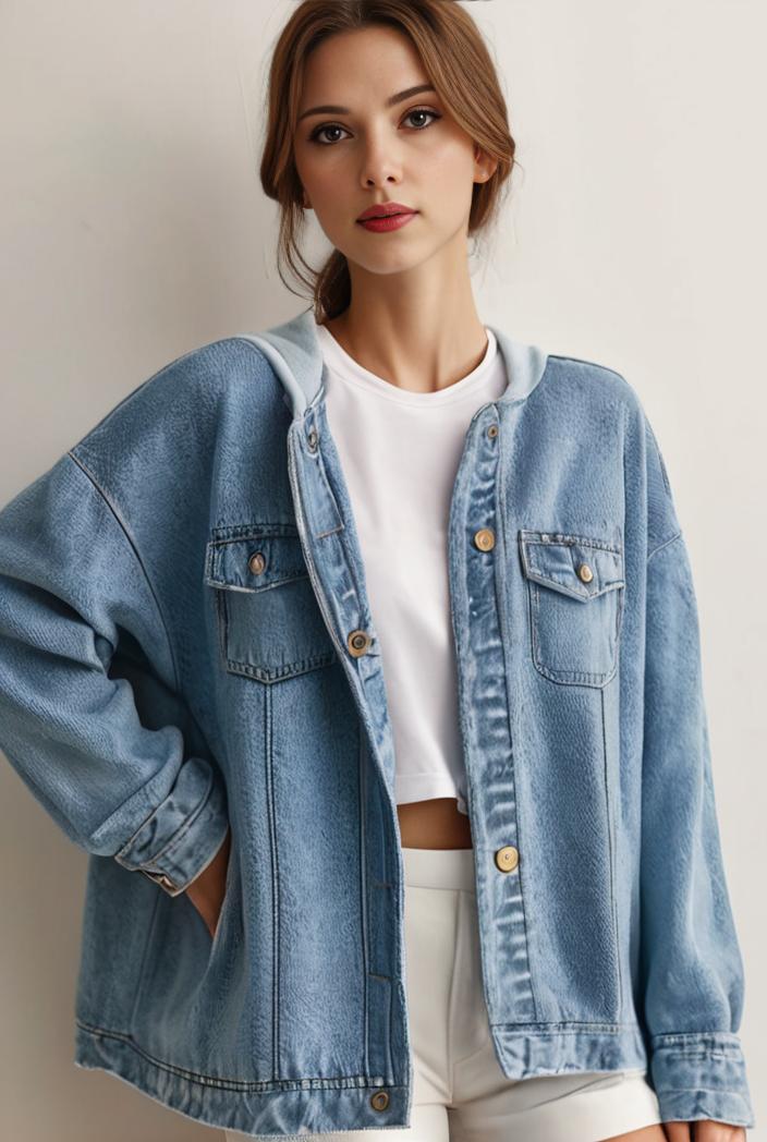 denim coat with flap pockets and lapel casual women s jacket in blue 149045