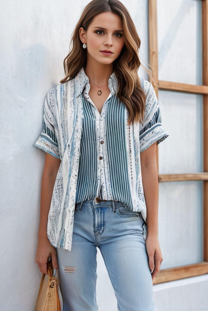 v neck thin loose plaid short sleeved blouse 106915