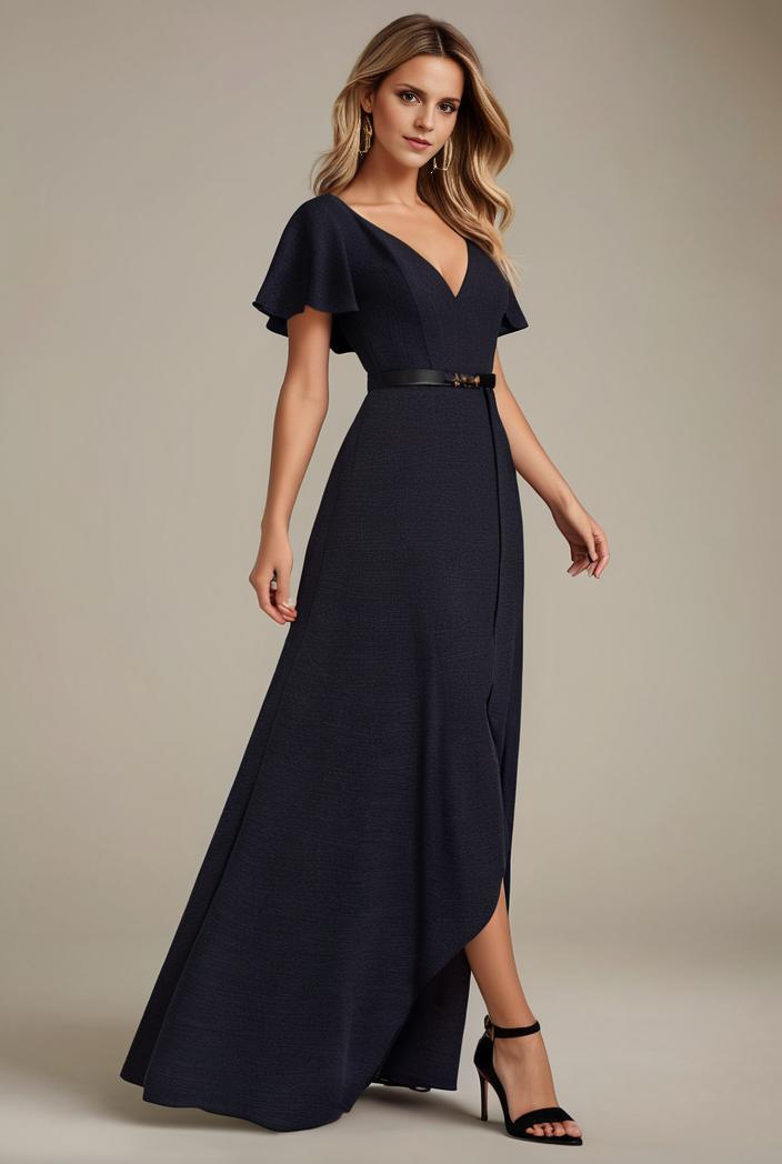glitter high low front side slit ruffled v neck evening dress 123293