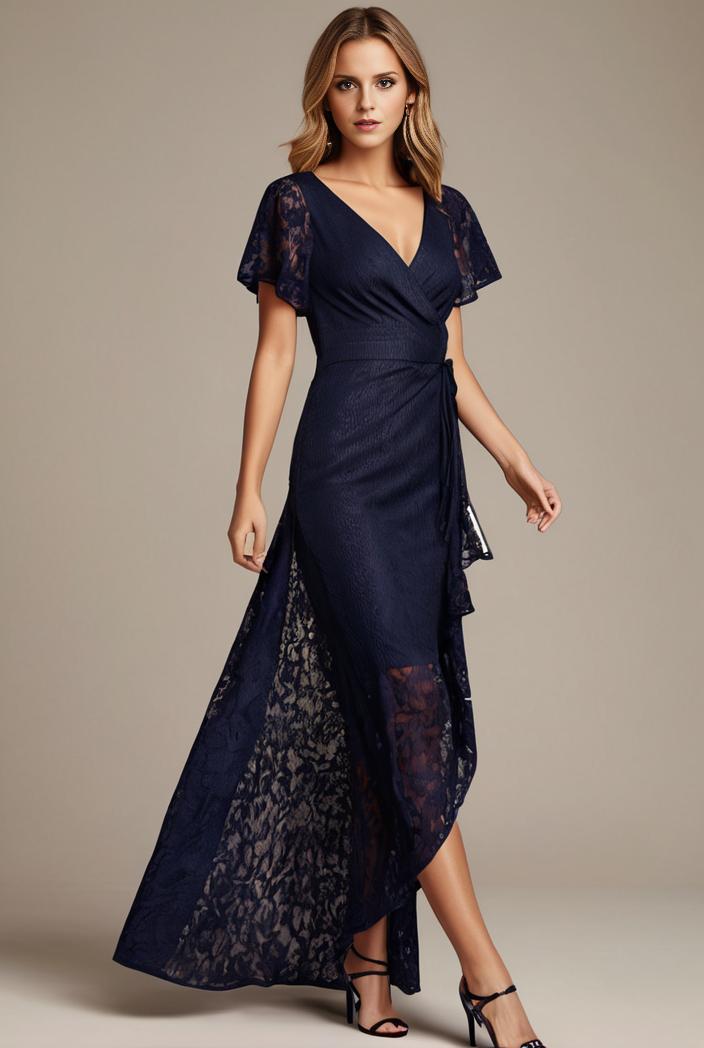 glitter high low front side slit ruffled v neck evening dress 123294