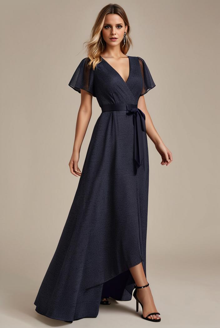 glitter high low front side slit ruffled v neck evening dress 123295