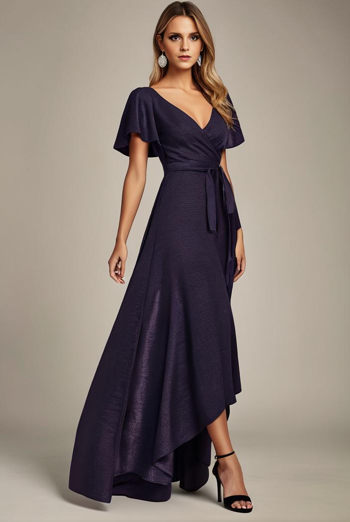 glitter high low front side slit ruffled v neck evening dress 123300