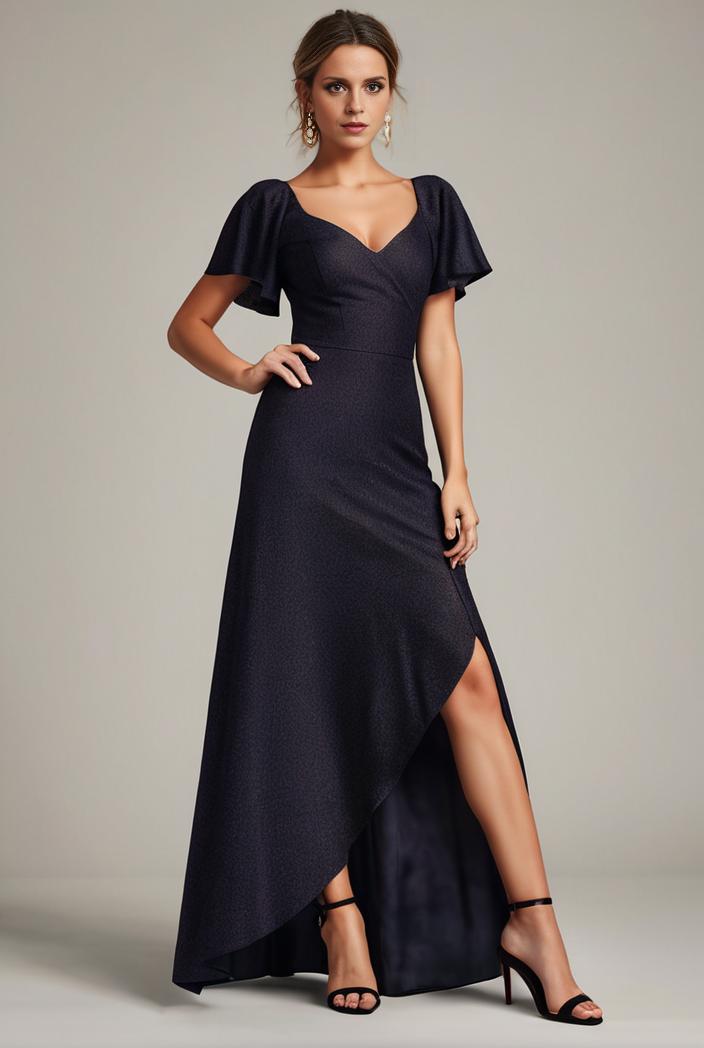 glitter high low front side slit ruffled v neck evening dress 123299