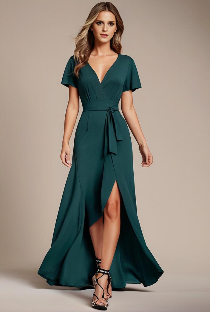 glitter high low front side slit ruffled v neck evening dress 123306