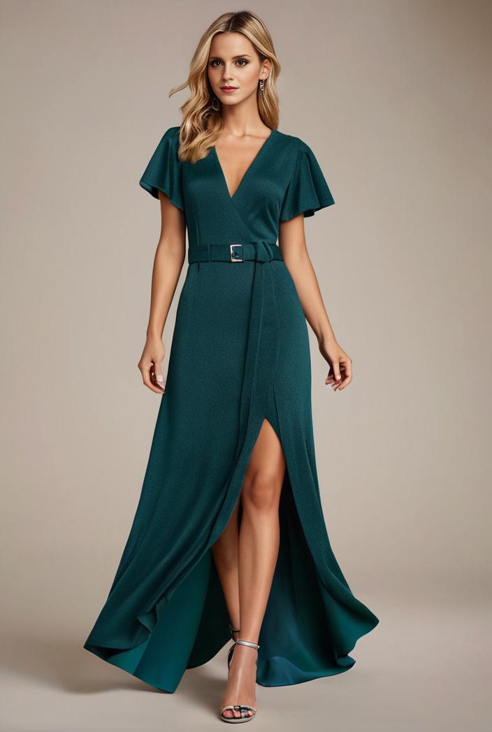 glitter high low front side slit ruffled v neck evening dress 123310