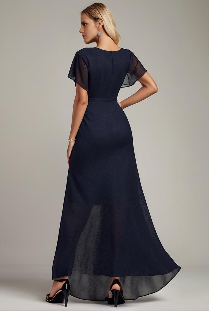glitter high low front side slit ruffled v neck evening dress 123327