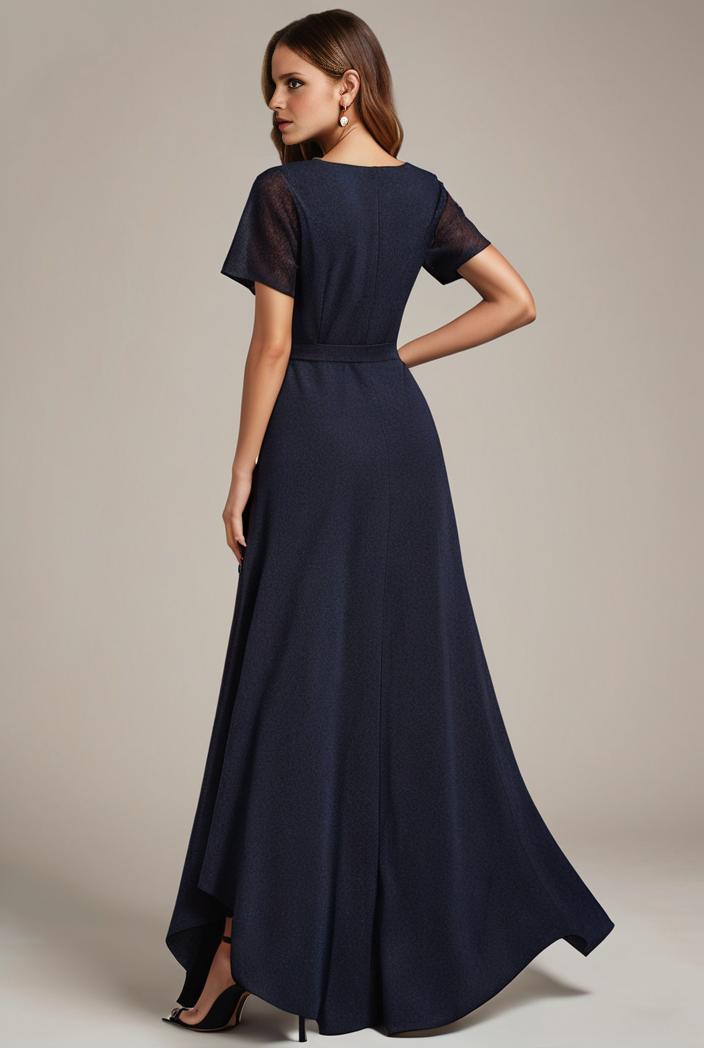 glitter high low front side slit ruffled v neck evening dress 123328