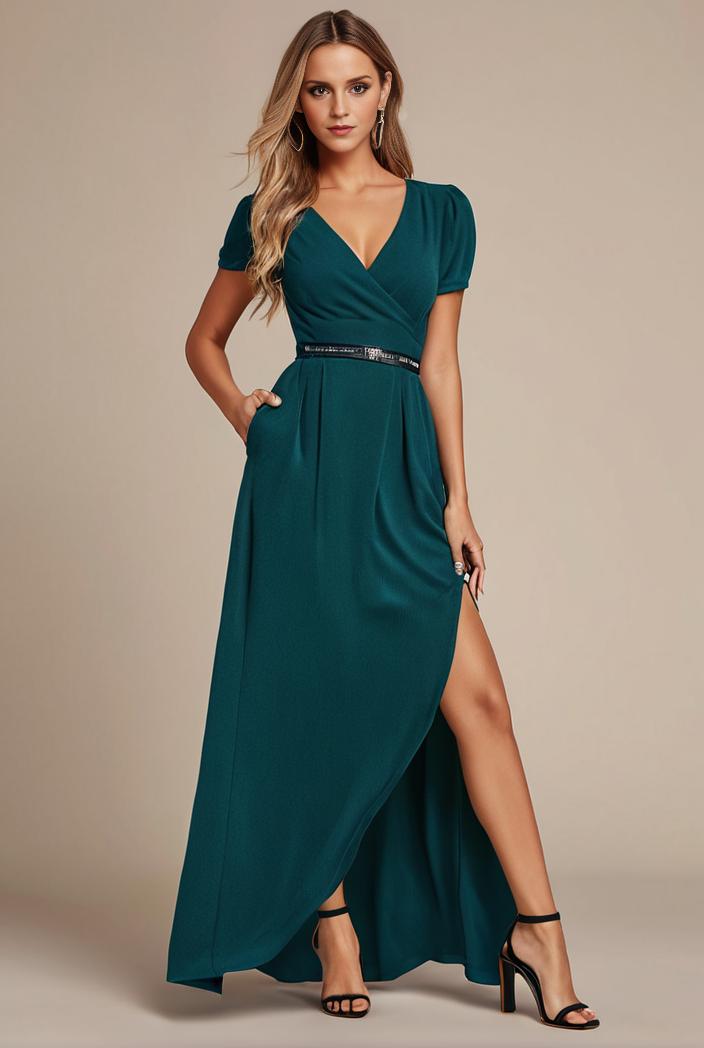 glitter high low front side slit ruffled v neck evening dress 123349