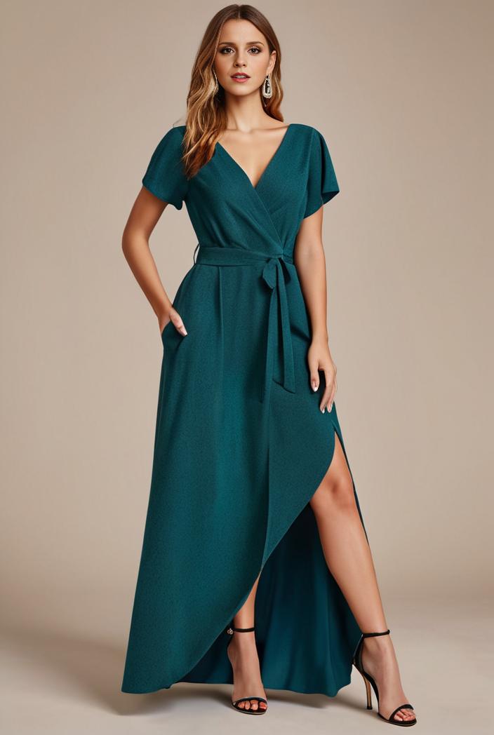 glitter high low front side slit ruffled v neck evening dress 123352