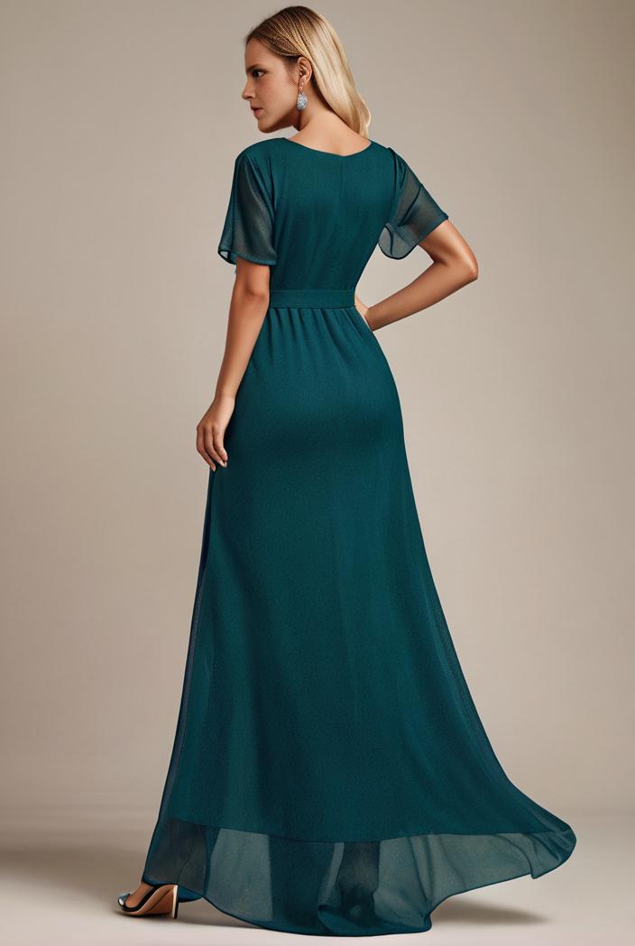 glitter high low front side slit ruffled v neck evening dress 123358