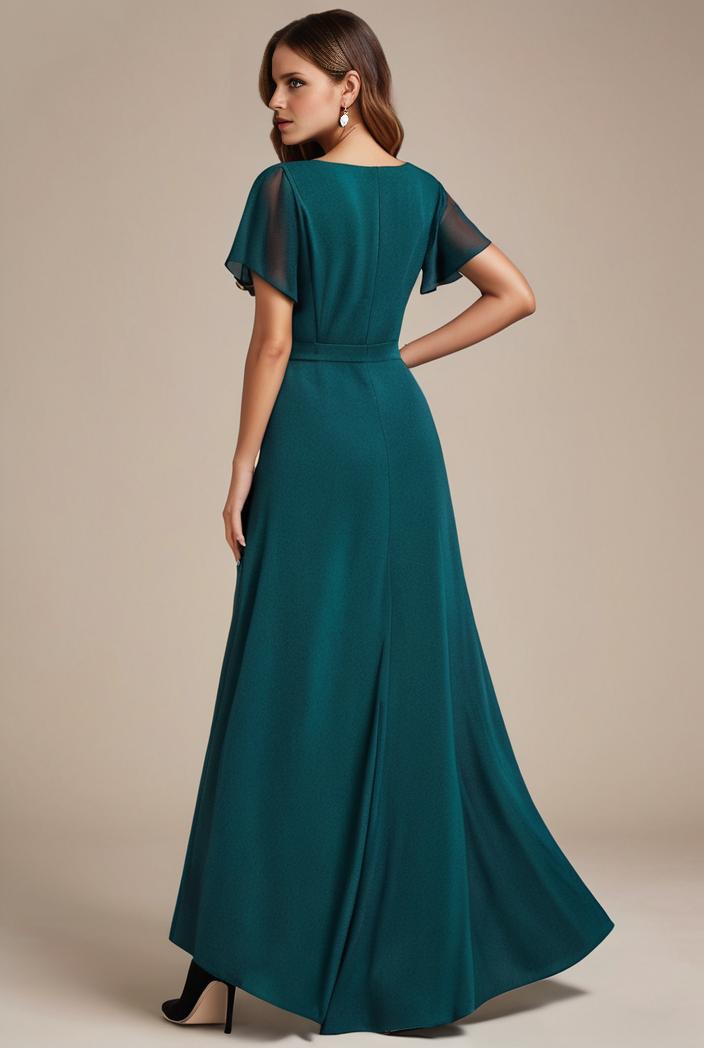 glitter high low front side slit ruffled v neck evening dress 123359