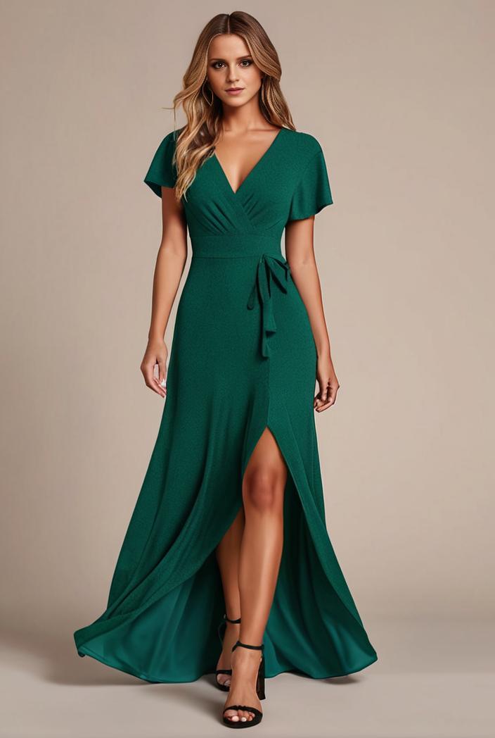 glitter high low front side slit ruffled v neck evening dress 123367