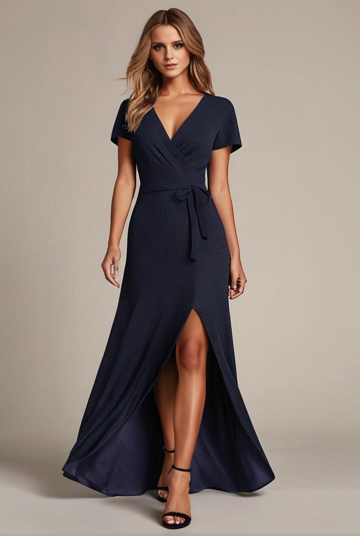 glitter high low front side slit ruffled v neck evening dress 123374