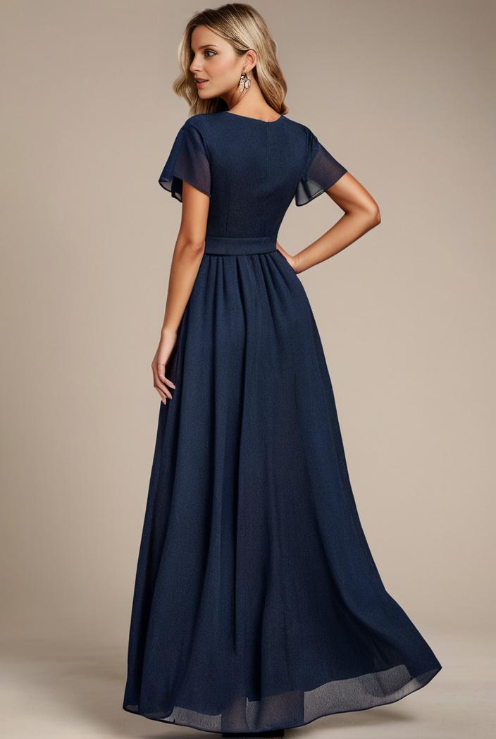 glitter high low front side slit ruffled v neck evening dress 123378