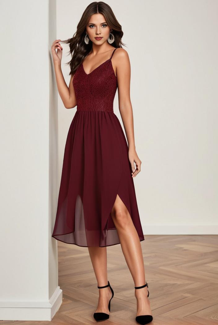 deep v neck lace chiffon bridesmaid dress with asymmetrical hem 128863