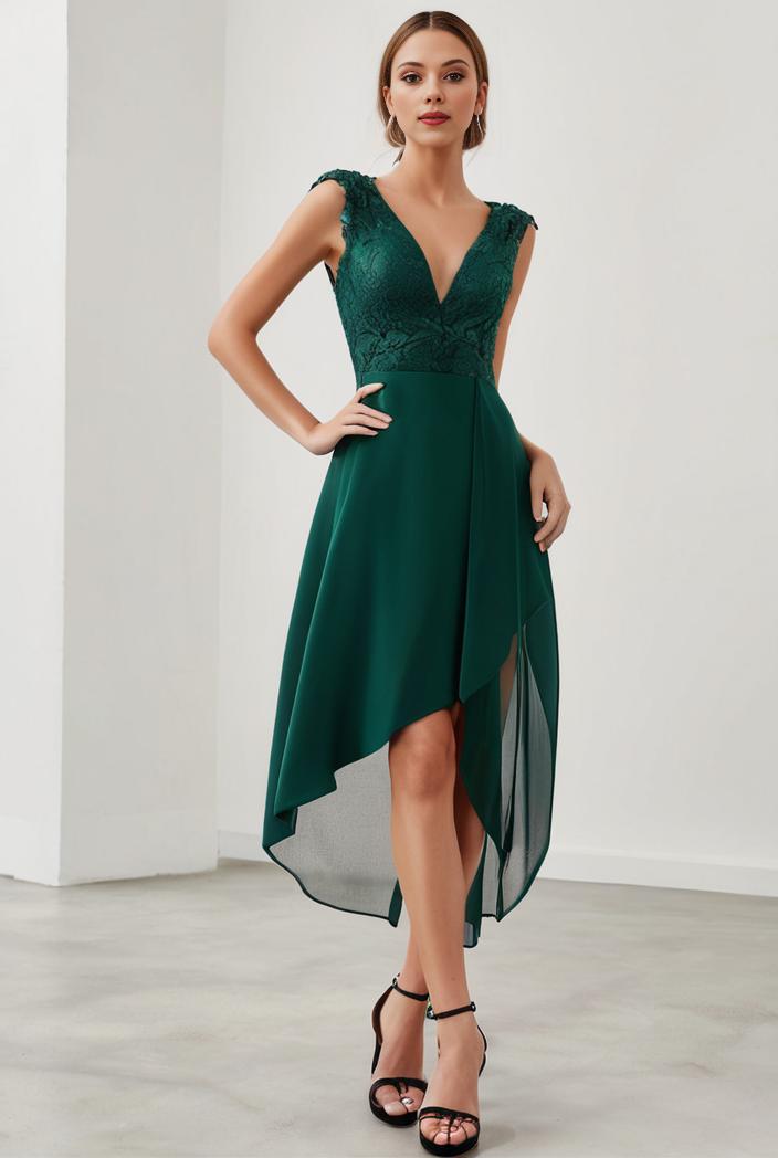 deep v neck lace chiffon bridesmaid dress with asymmetrical hem 128867