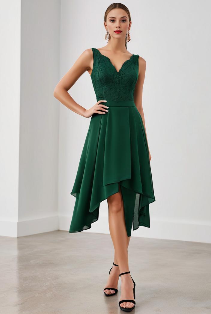 deep v neck lace chiffon bridesmaid dress with asymmetrical hem 128868