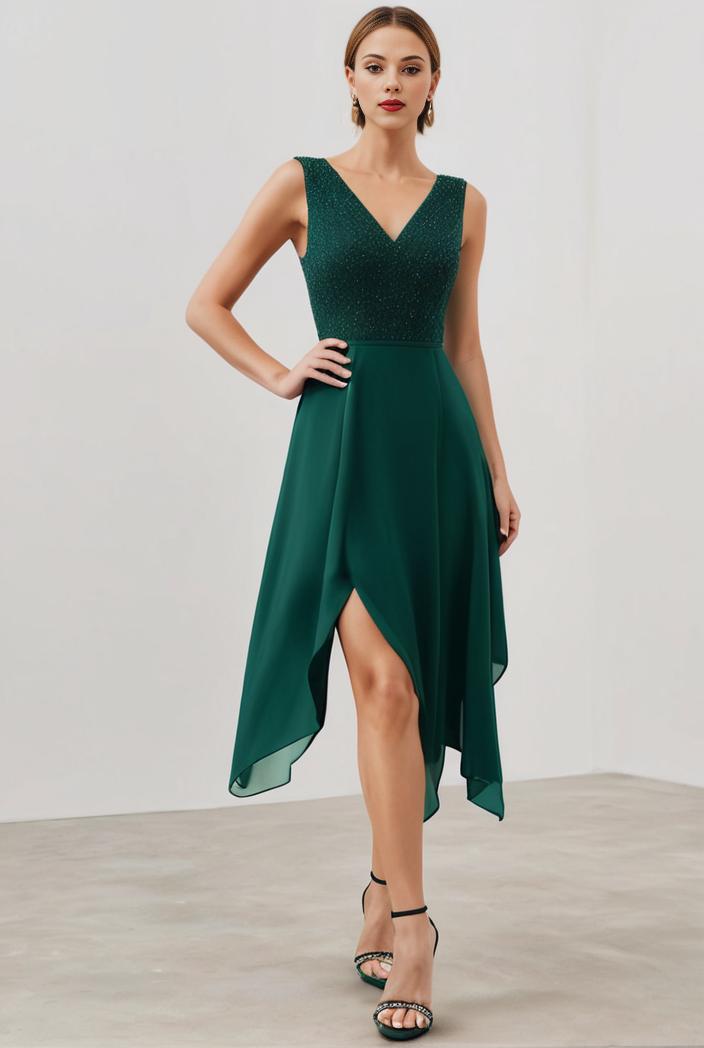 deep v neck lace chiffon bridesmaid dress with asymmetrical hem 128871