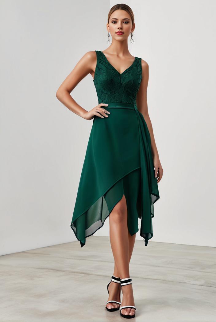 deep v neck lace chiffon bridesmaid dress with asymmetrical hem 128874