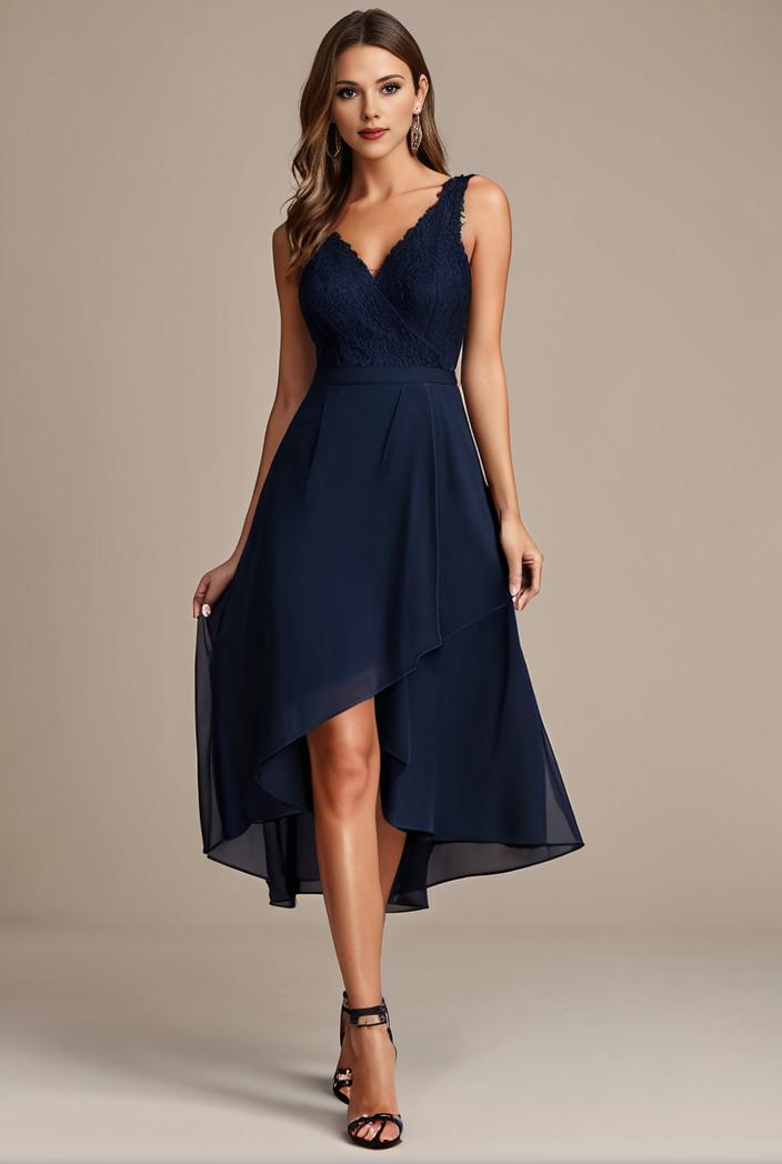 deep v neck lace chiffon bridesmaid dress with asymmetrical hem 128890
