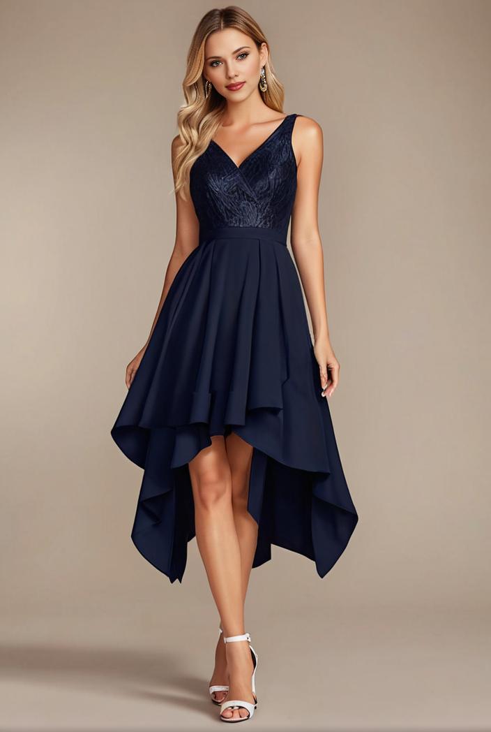 deep v neck lace chiffon bridesmaid dress with asymmetrical hem 128891