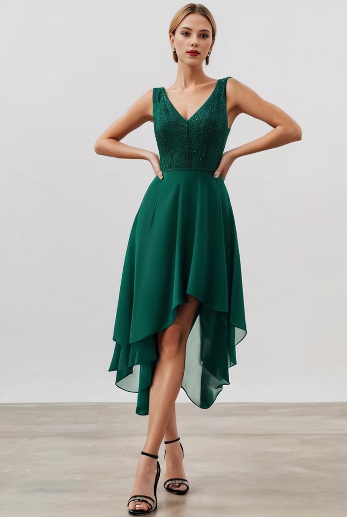 deep v neck lace chiffon bridesmaid dress with asymmetrical hem 128943