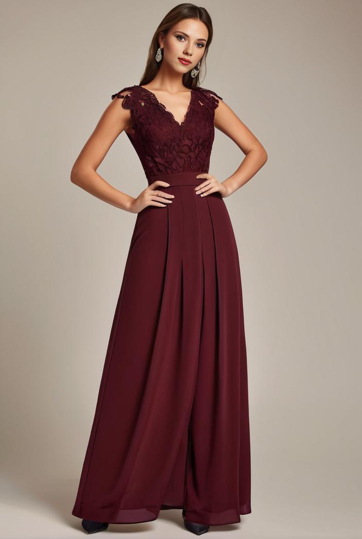 elegant chiffon maxi evening dress with lace cap sleeve 130952