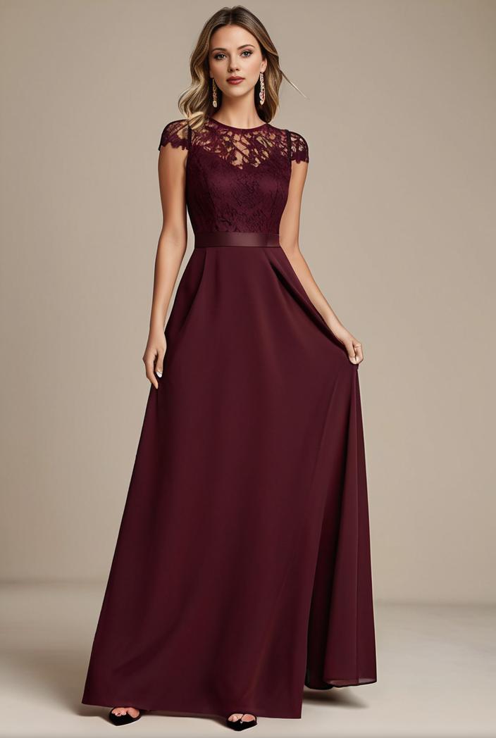 elegant chiffon maxi evening dress with lace cap sleeve 130988