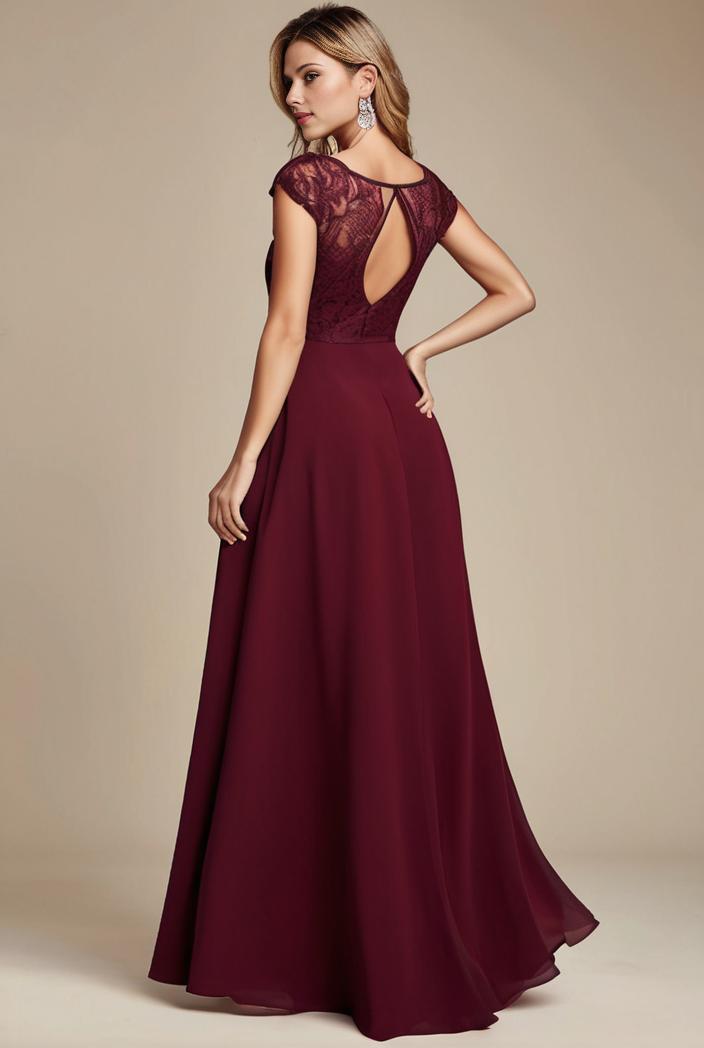 elegant chiffon maxi evening dress with lace cap sleeve 131006
