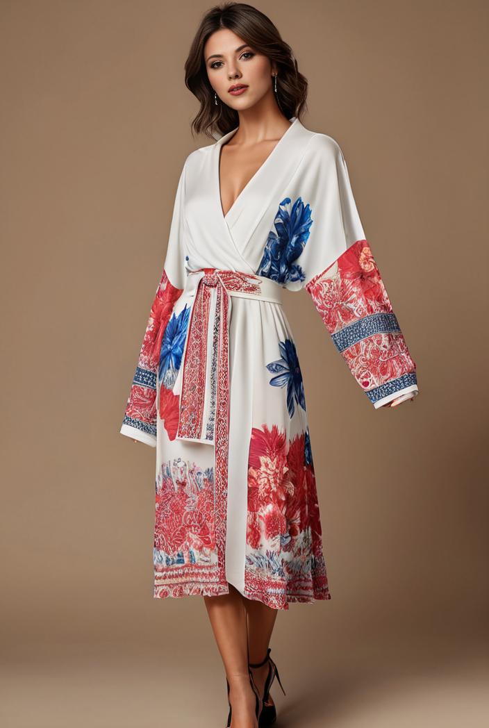 floral peacock print long sleeve loose swim robe beach cover up coat 136778
